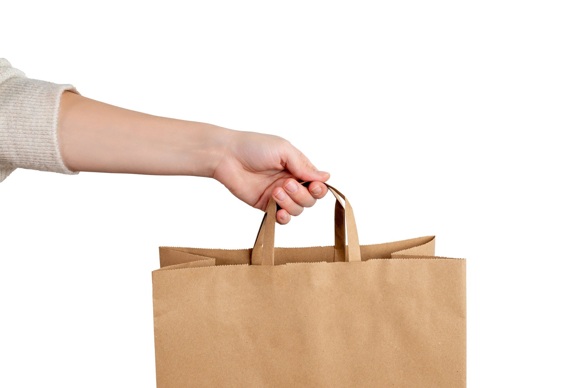 Hand holding kraft paper bag